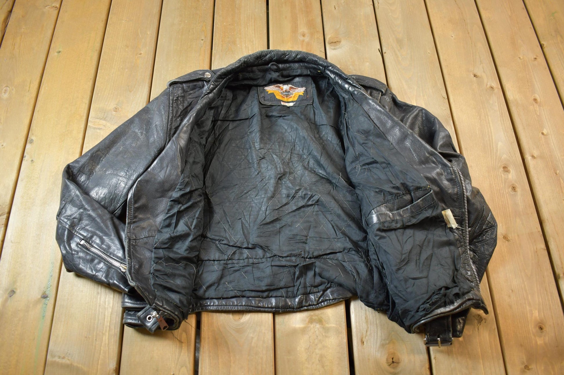 Vintage 1980s Leather Gold Biker Jacket - 44R from propervintagecanada
