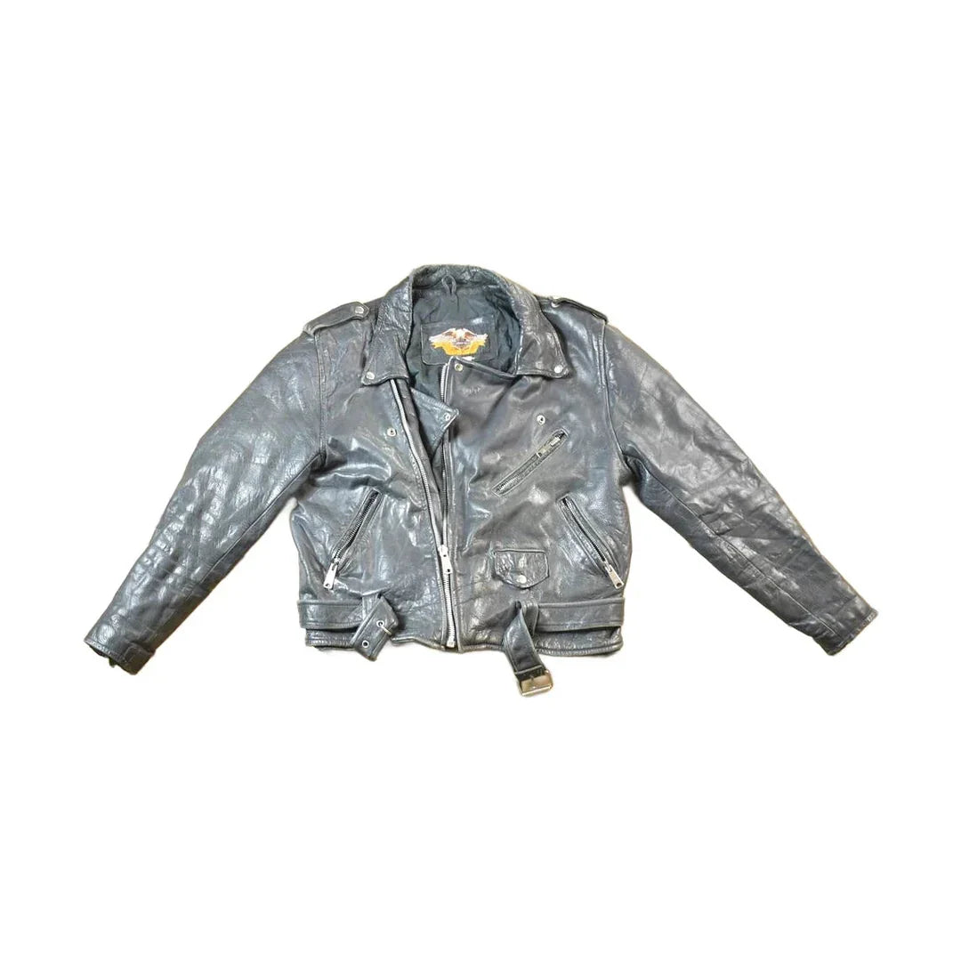 Vintage 1980s Leather Gold Harley Davidson Motorcycle Perfectly Distressed Biker Jacket Made In USA from propervintagecanada