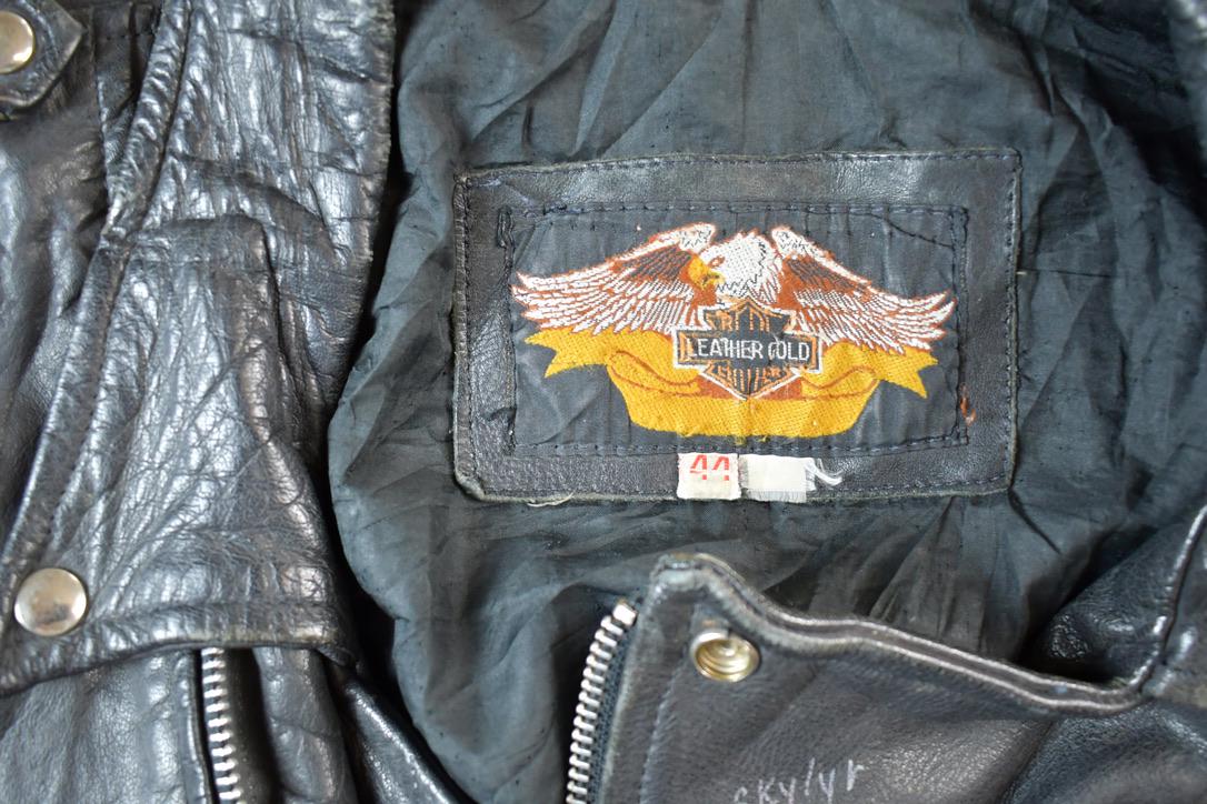 Vintage 1980s Leather Gold Harley Davidson Motorcycle Perfectly Distressed Biker Jacket Made In USA from propervintagecanada