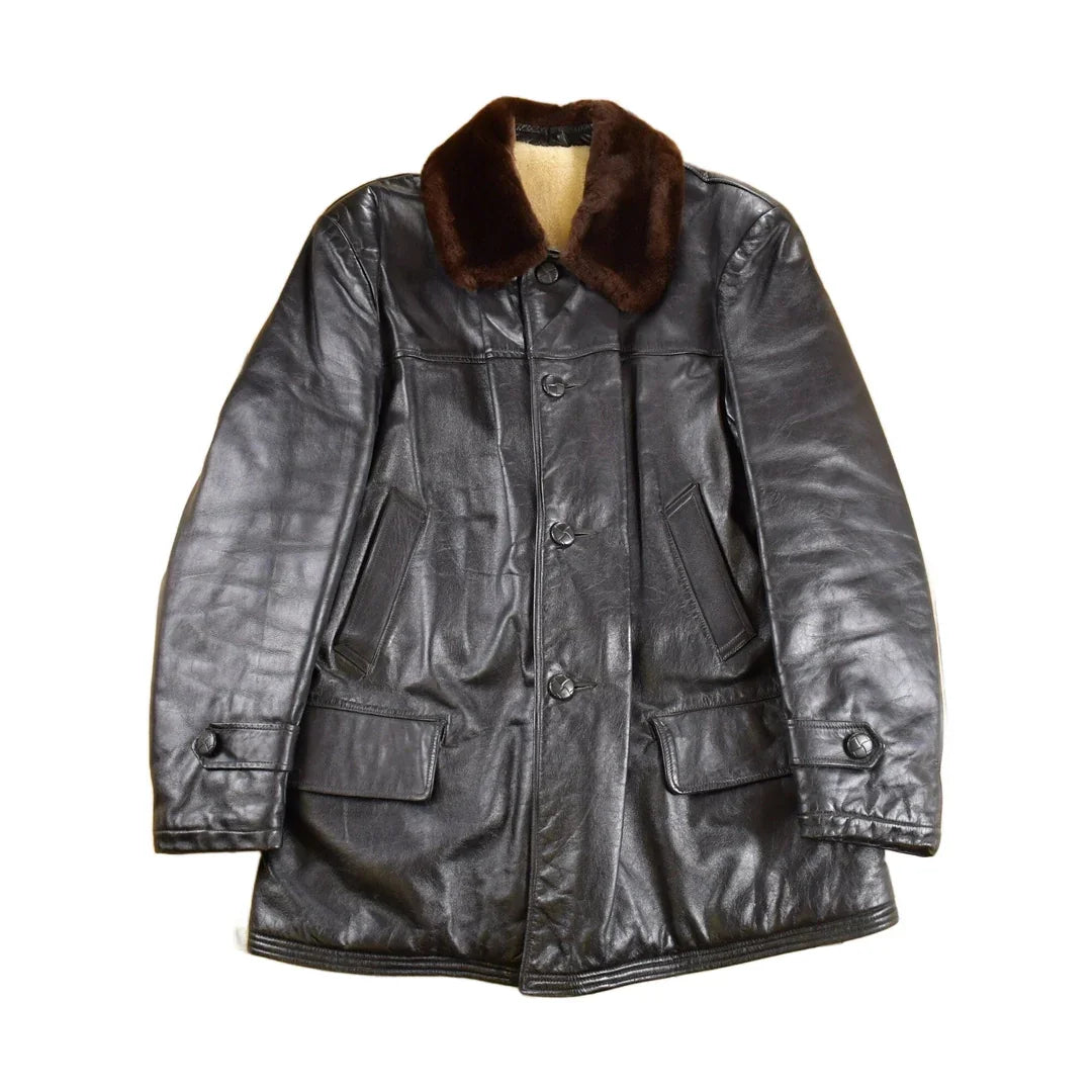 Vintage 1980s Leather Sheep Skin Shearling Coat Men's Medium from propervintagecanada
