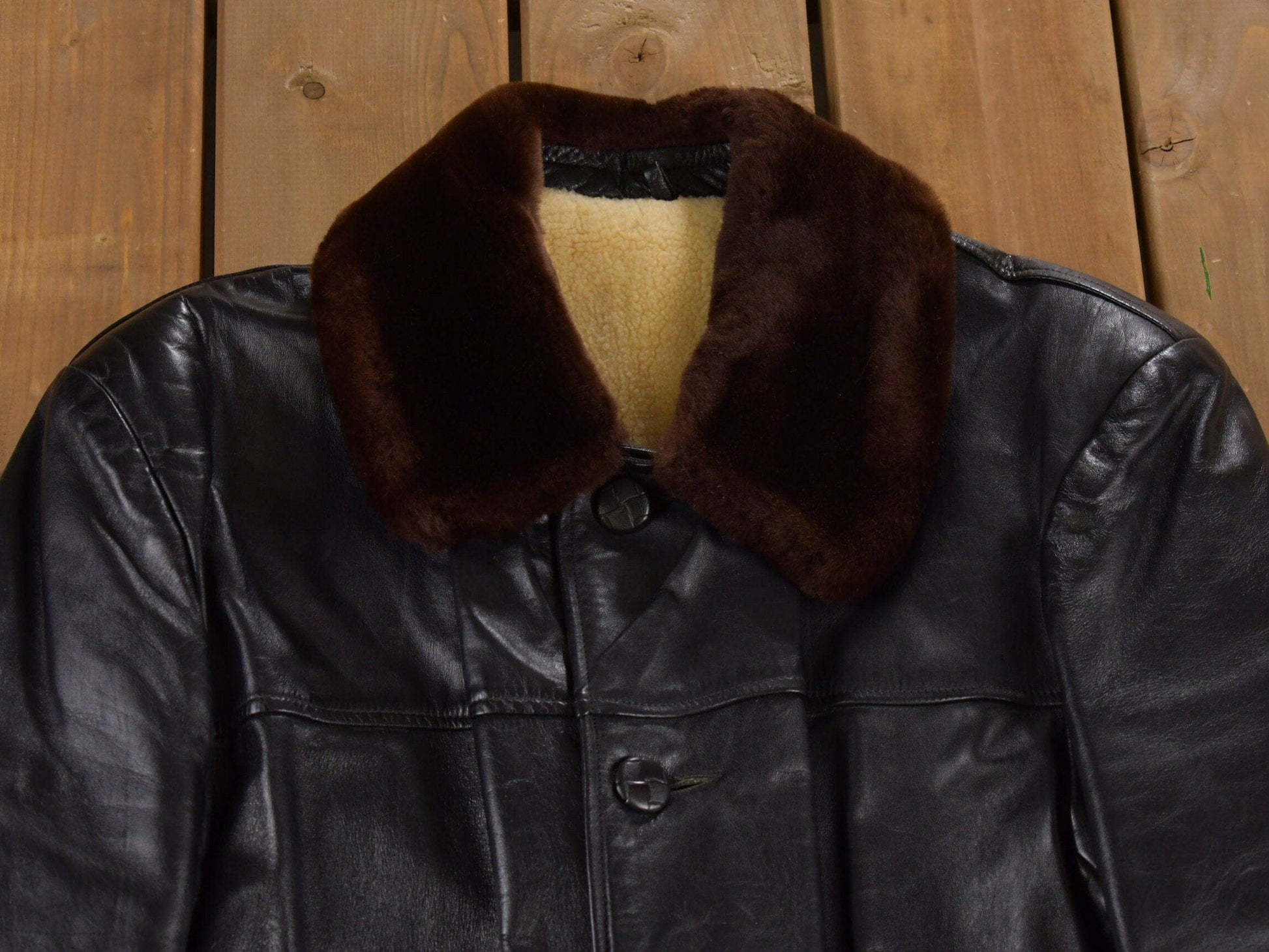 Vintage 1980s Leather Sheep Skin Shearling Coat Men's Medium from propervintagecanada
