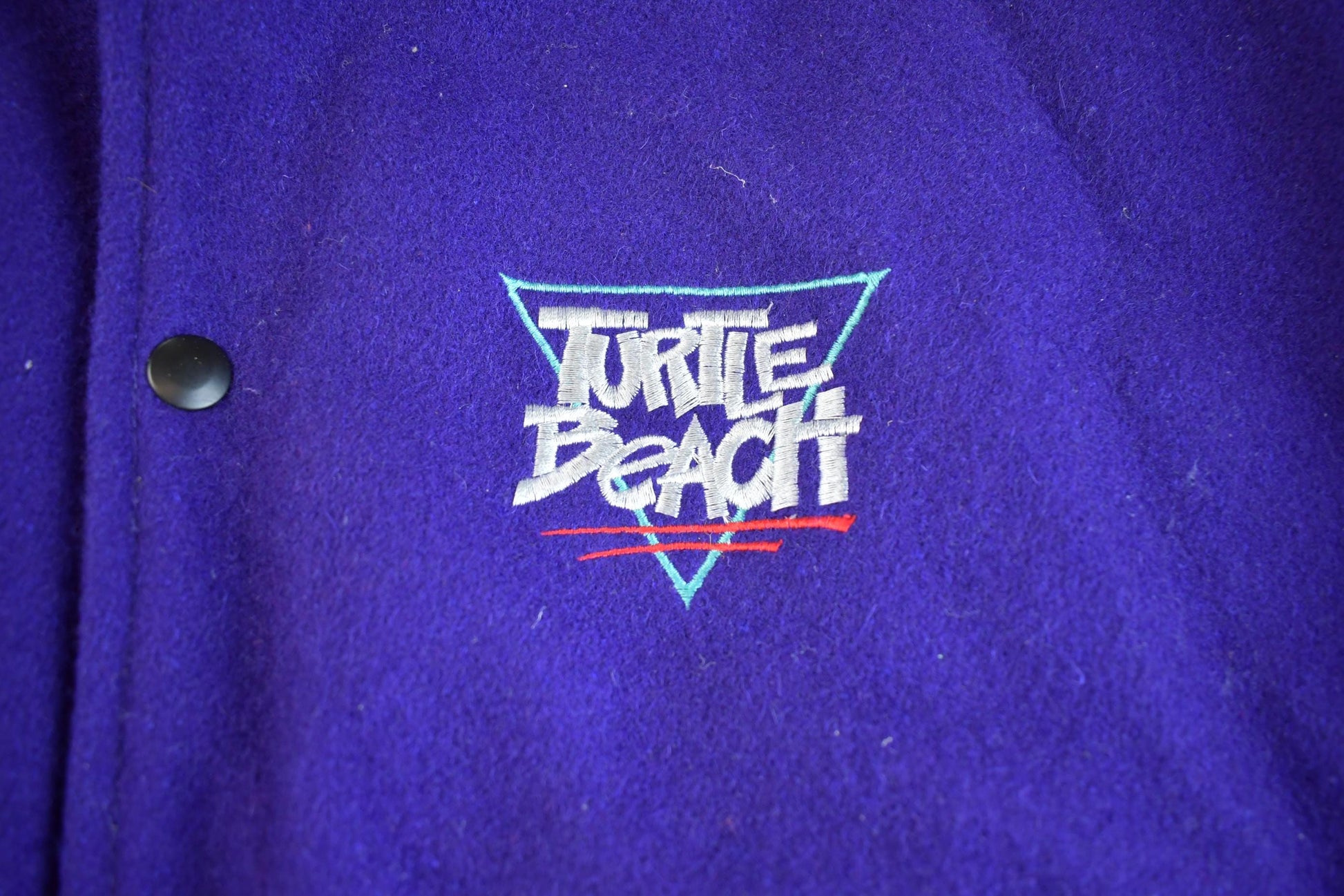 Vintage 1980s Leather & Wool Turtle Beach Urban Technology Embroidered Varsity Jacket Men's XL from propervintagecanada