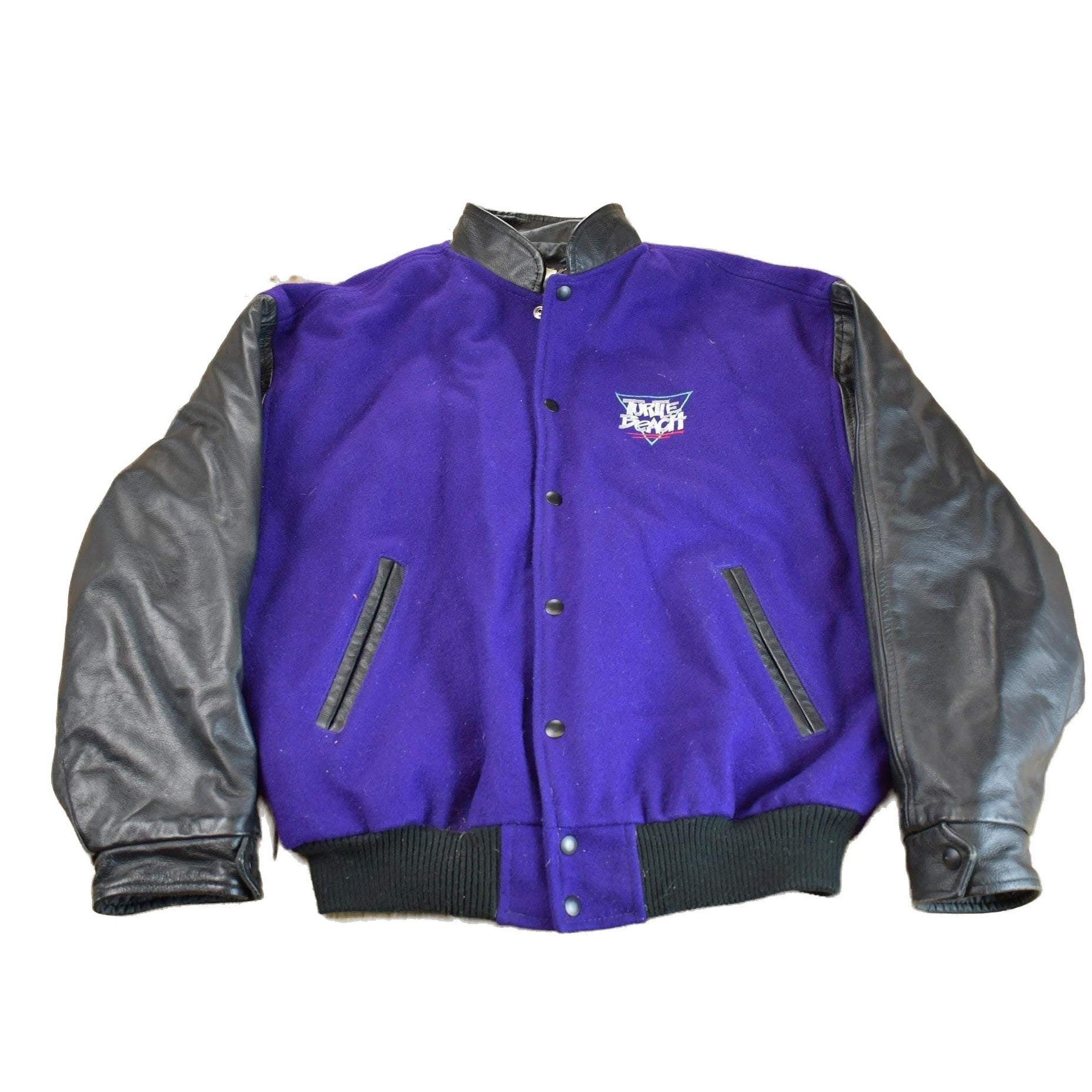 Vintage 1980s Leather & Wool Turtle Beach Urban Technology Embroidered Varsity Jacket Men's XL from propervintagecanada