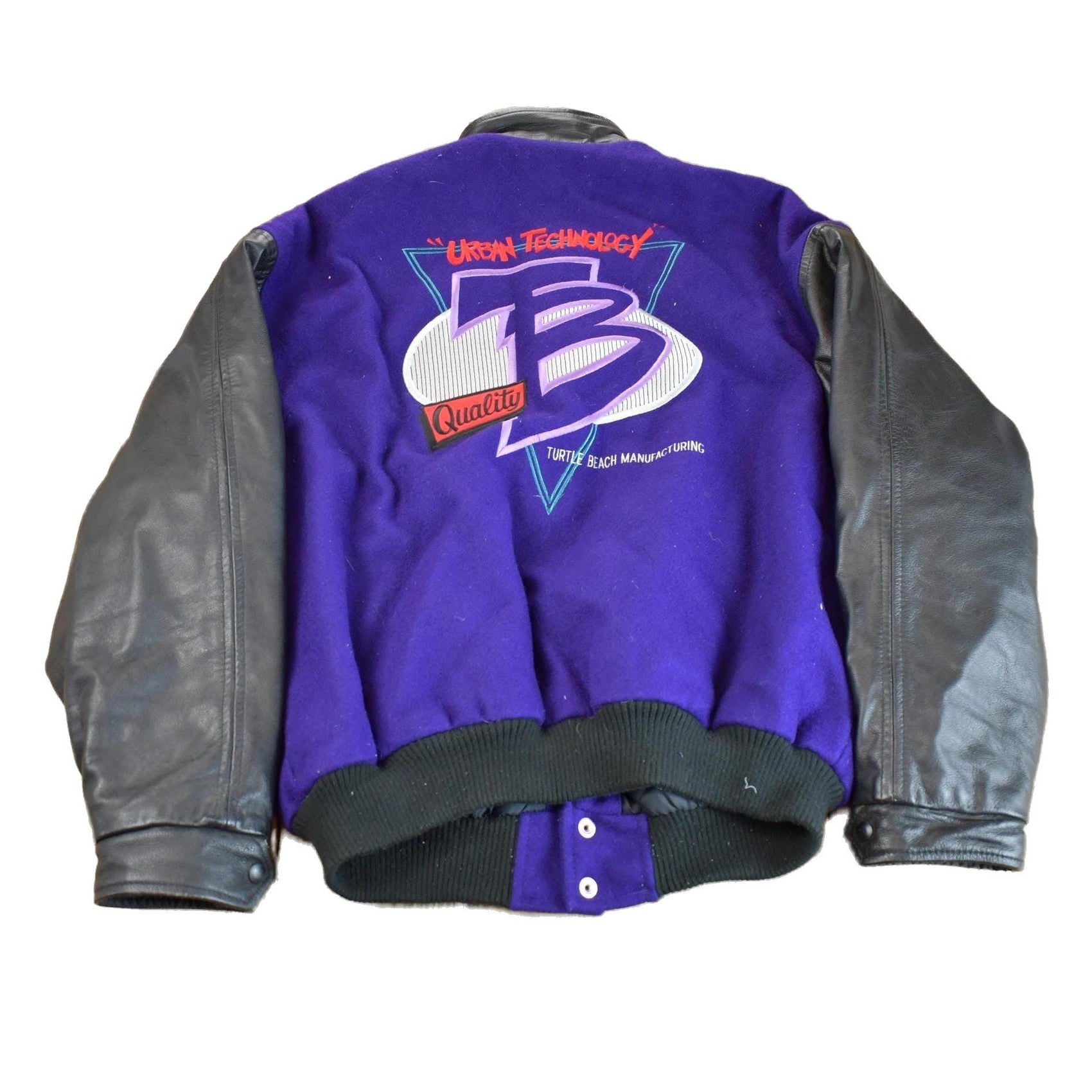 Vintage 1980s Leather & Wool Turtle Beach Urban Technology Embroidered Varsity Jacket Men's XL from propervintagecanada