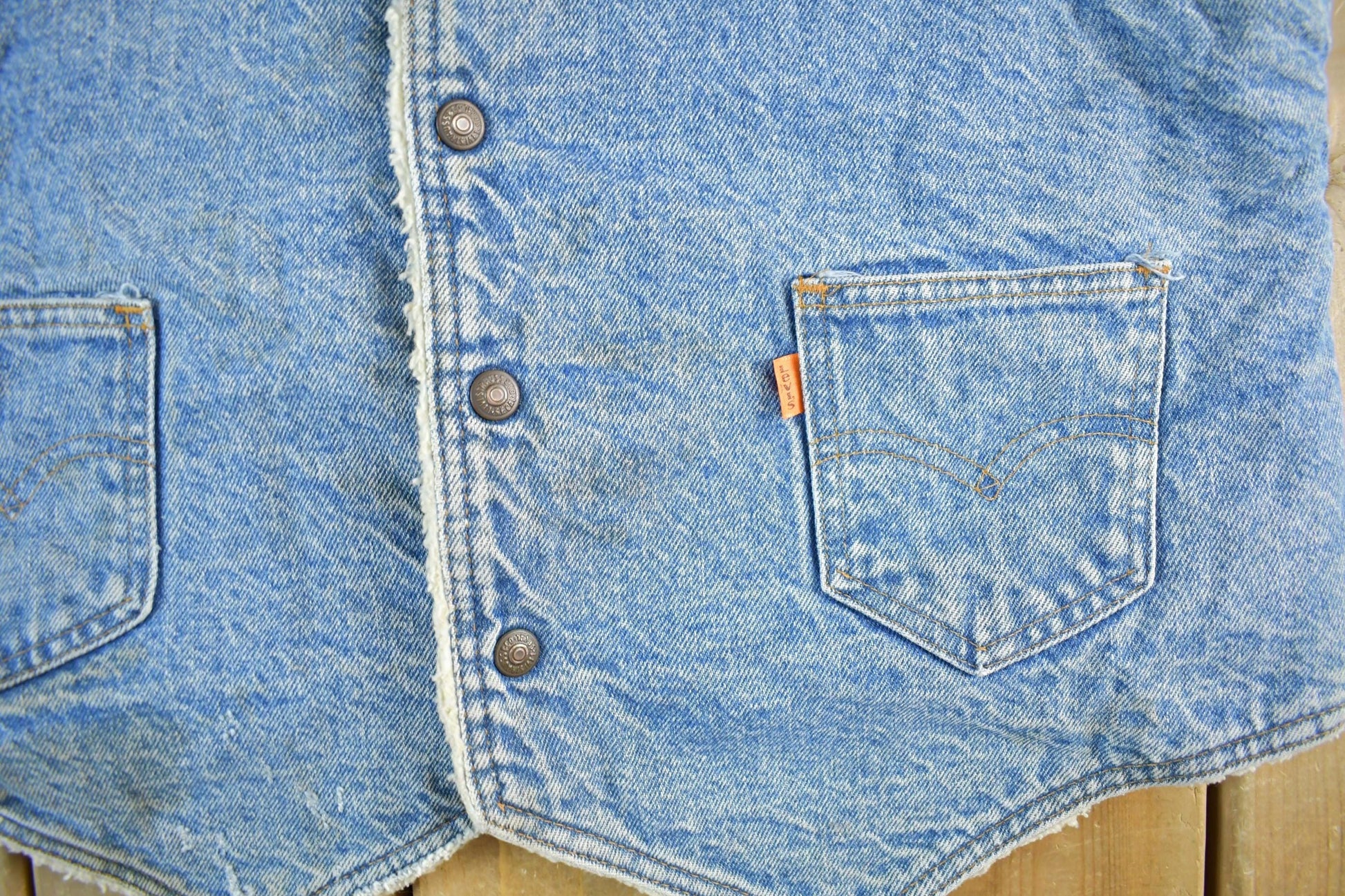 Vintage 1980s Levi's Orange Tab Sherpa Lined Denim Jean Vest Men's S-M from propervintagecanada