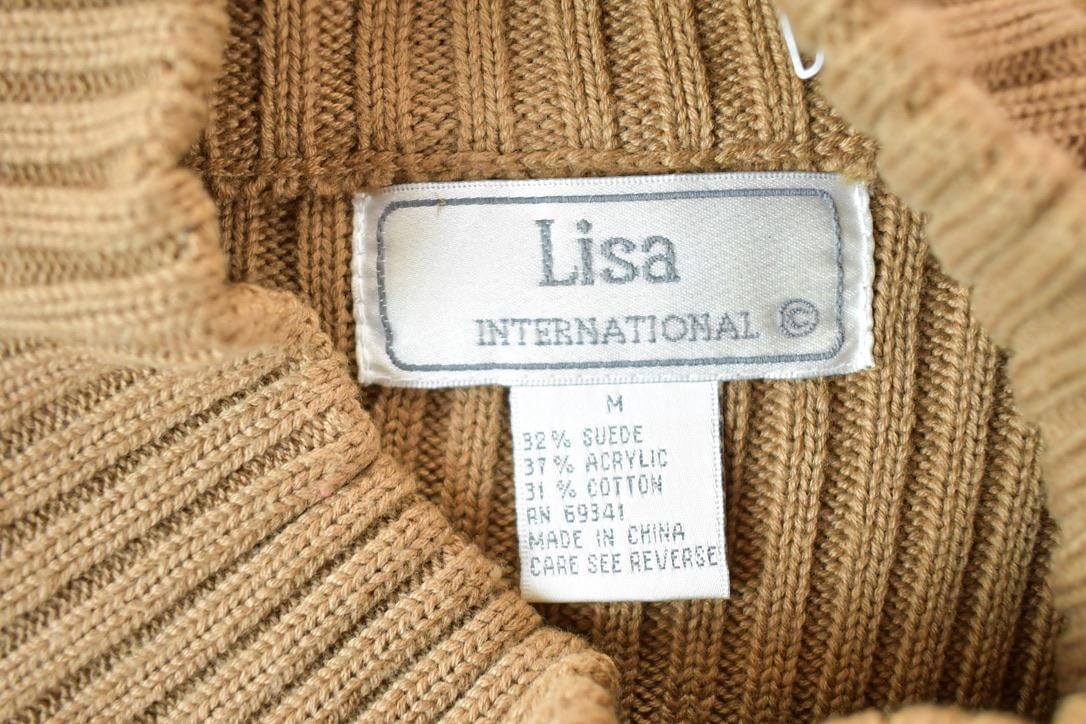 Vintage 1980s Lisa International Knit Abstract Pattern Suede Patch Crewneck Sweater Mens S from propervintagecanada
