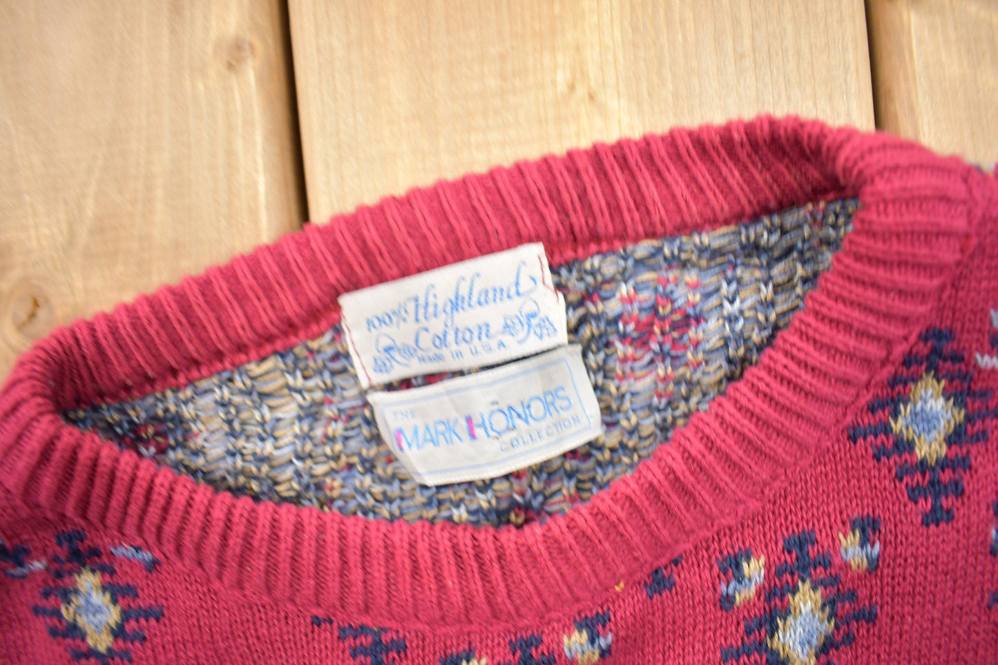 Vintage 1980s Mark Honors All Over Pattern Knitted Crewneck Sweater Men's Large from propervintagecanada