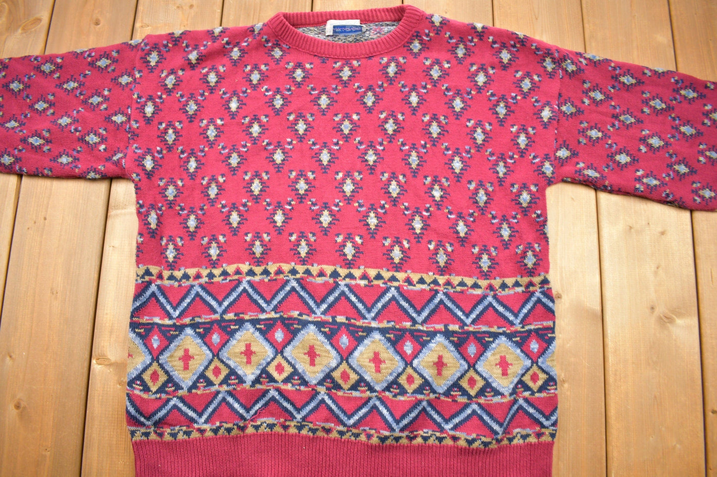 Vintage 1980s Mark Honors All Over Pattern Knitted Crewneck Sweater Men's Large from propervintagecanada