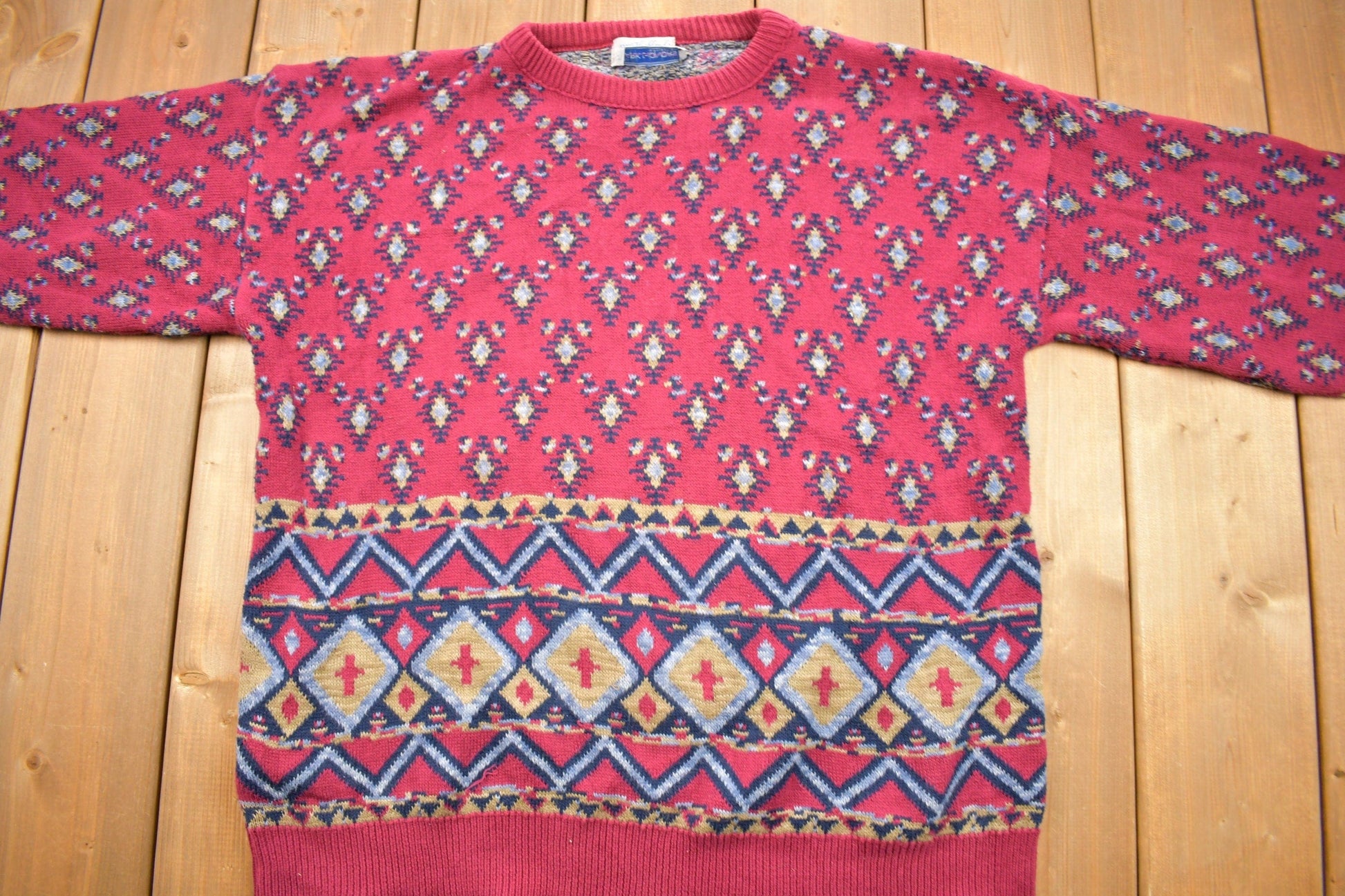 Vintage 1980s Mark Honors All Over Pattern Knitted Crewneck Sweater Men's Large from propervintagecanada