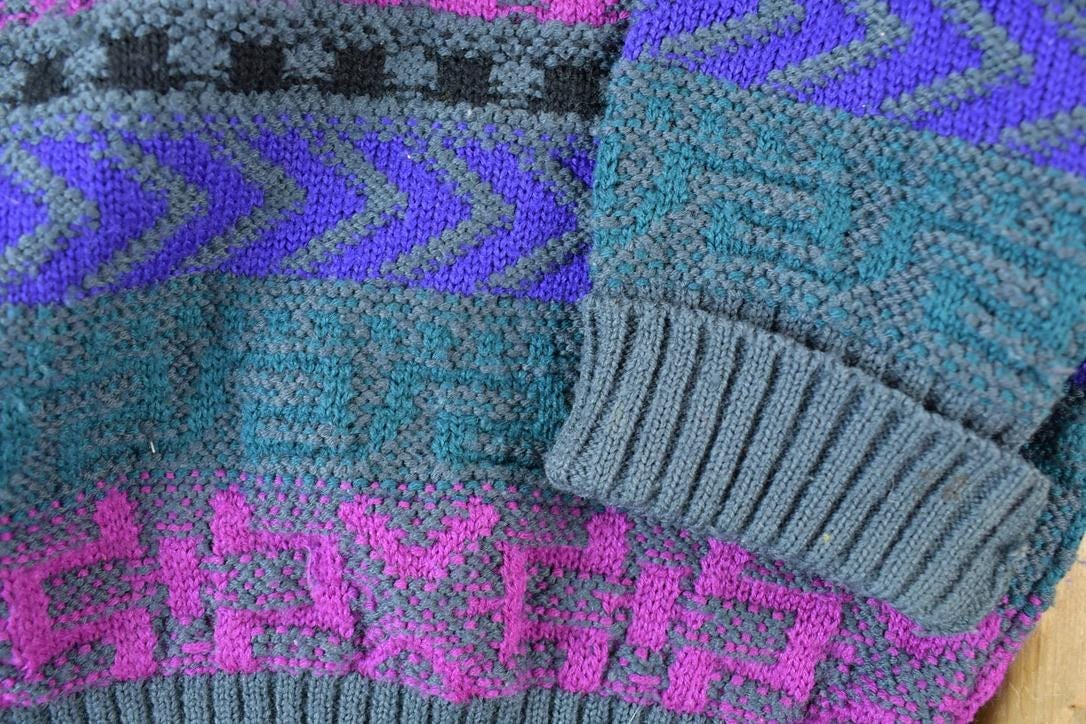 Vintage 1980s Meister Knit Abstract Pattern Crewneck Sweater Men's Large from propervintagecanada