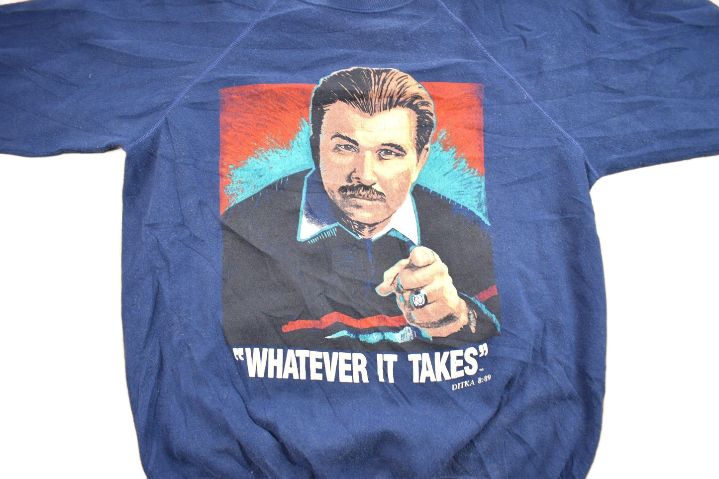 Vintage 1980s Mike Dikta NFL Coach Big Face Graphic "Whatever It Takes" Crewneck Sweatshirt Men's Large from propervintagecanada
