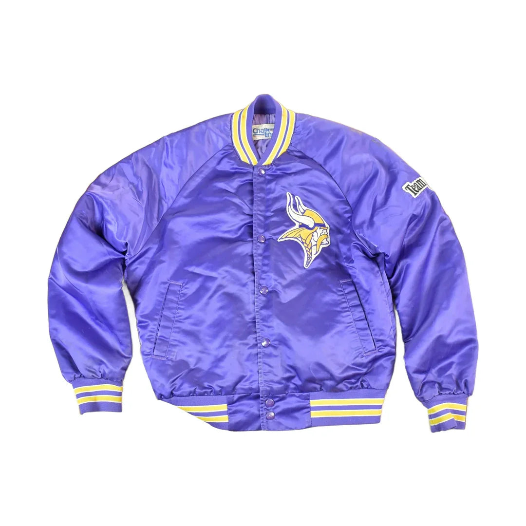 Vintage 1980s Minnesota Vikings Team NFL Football Chalk Line Satin Button Up Bomber Embroidered Puffer Jacket from propervintagecanada