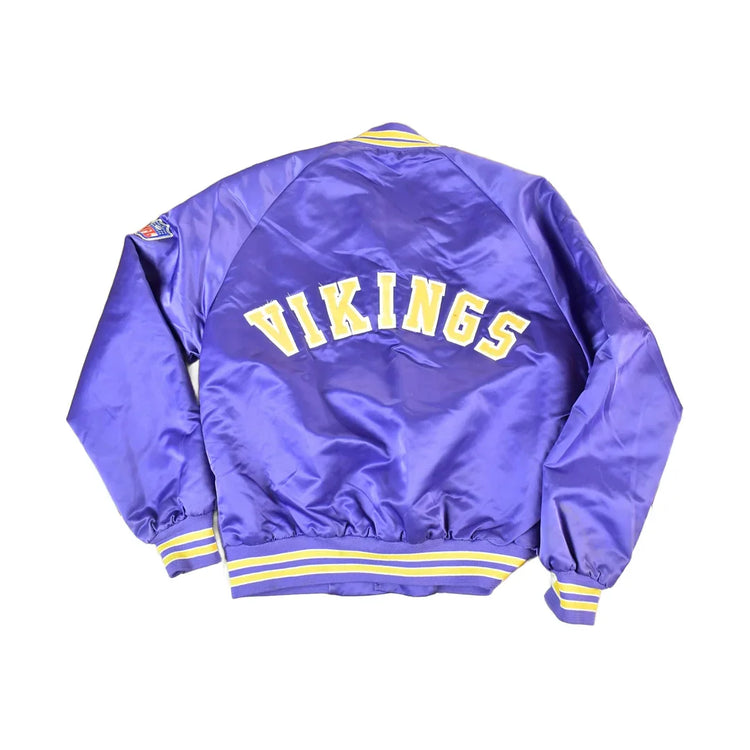 Vintage 1980s Minnesota Vikings Team NFL Football Chalk Line Satin Button Up Bomber Embroidered Puffer Jacket from propervintagecanada