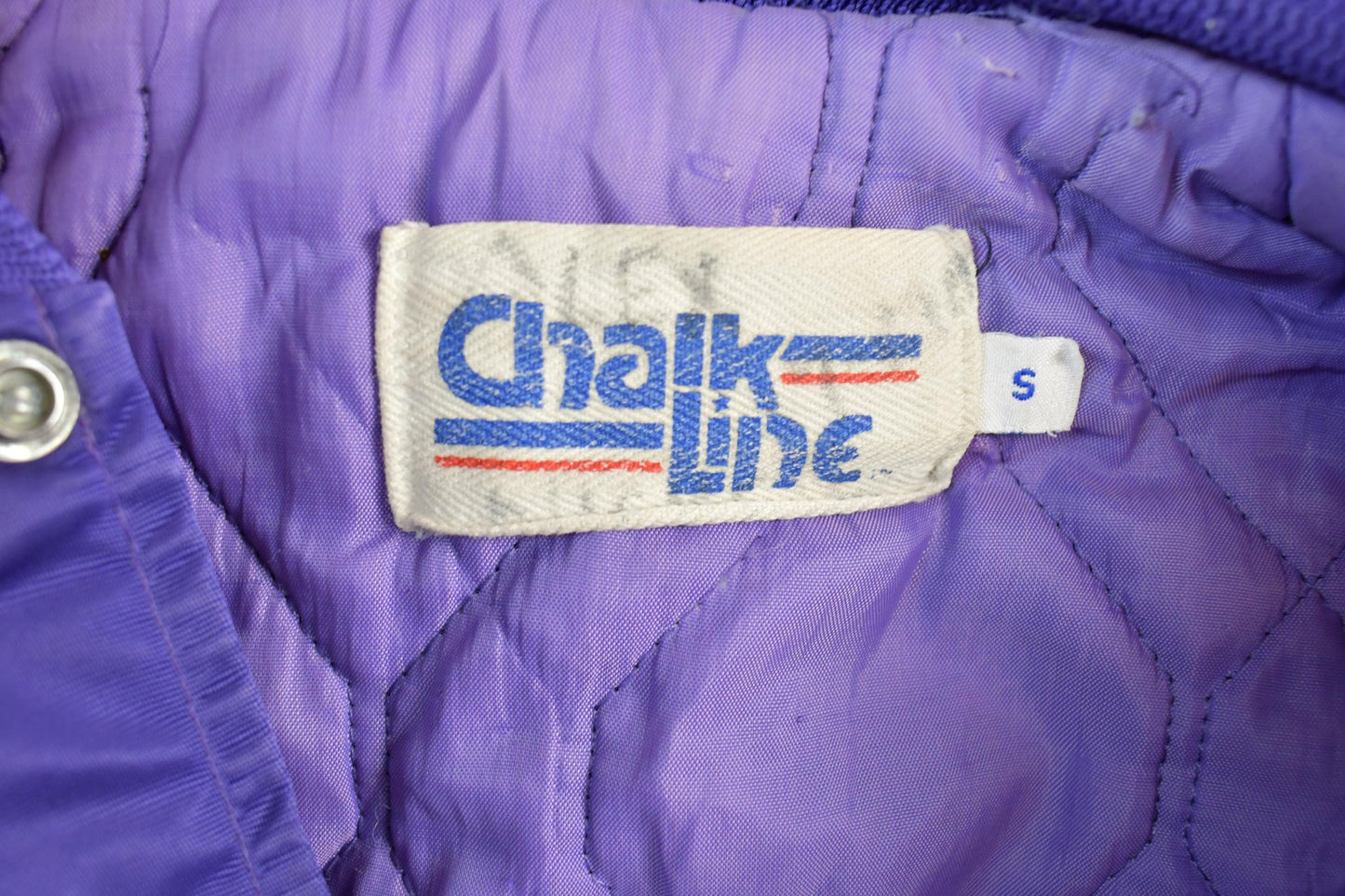 Vintage 1980s Minnesota Vikings Team NFL Football Chalk Line Satin Button Up Bomber Embroidered Puffer Jacket from propervintagecanada