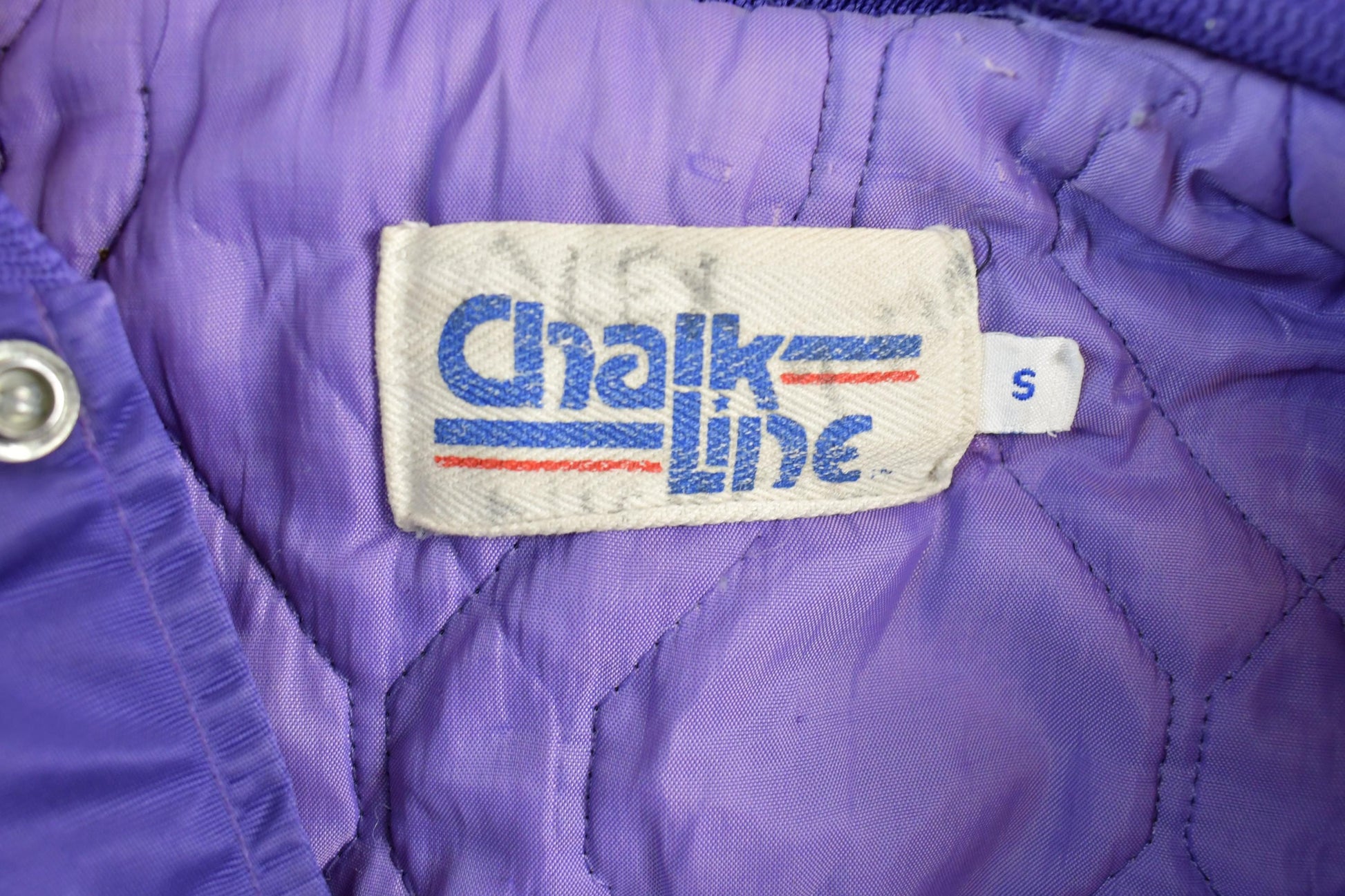 Vintage 1980s Minnesota Vikings Team NFL Football Chalk Line Satin Button Up Bomber Embroidered Puffer Jacket from propervintagecanada