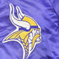 Vintage 1980s Minnesota Vikings Team NFL Football Chalk Line Satin Button Up Bomber Embroidered Puffer Jacket from propervintagecanada