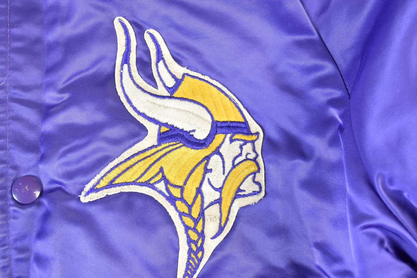 Vintage 1980s Minnesota Vikings Team NFL Football Chalk Line Satin Button Up Bomber Embroidered Puffer Jacket from propervintagecanada