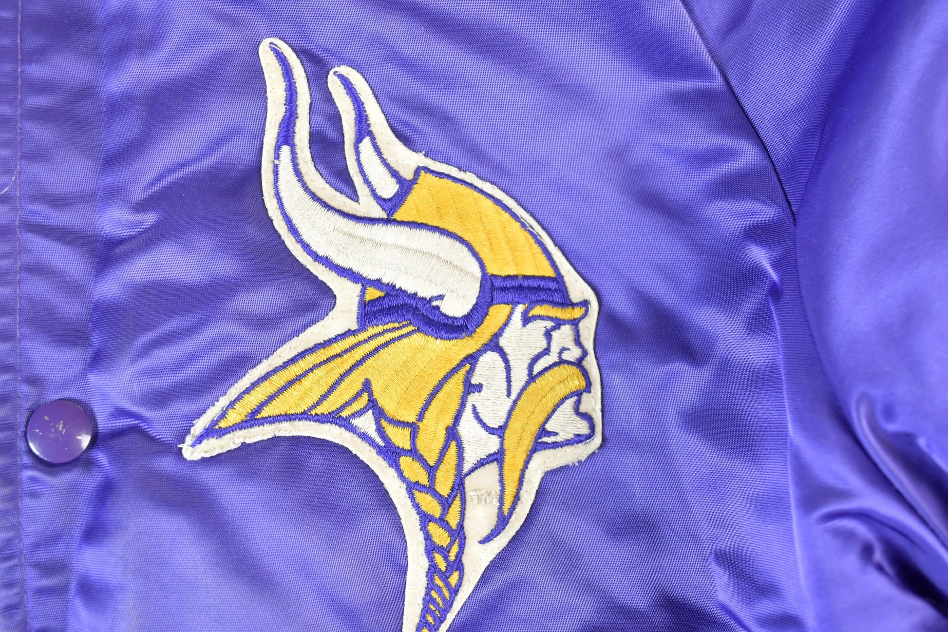Vintage 1980s Minnesota Vikings Team NFL Football Chalk Line Satin Button Up Bomber Embroidered Puffer Jacket from propervintagecanada