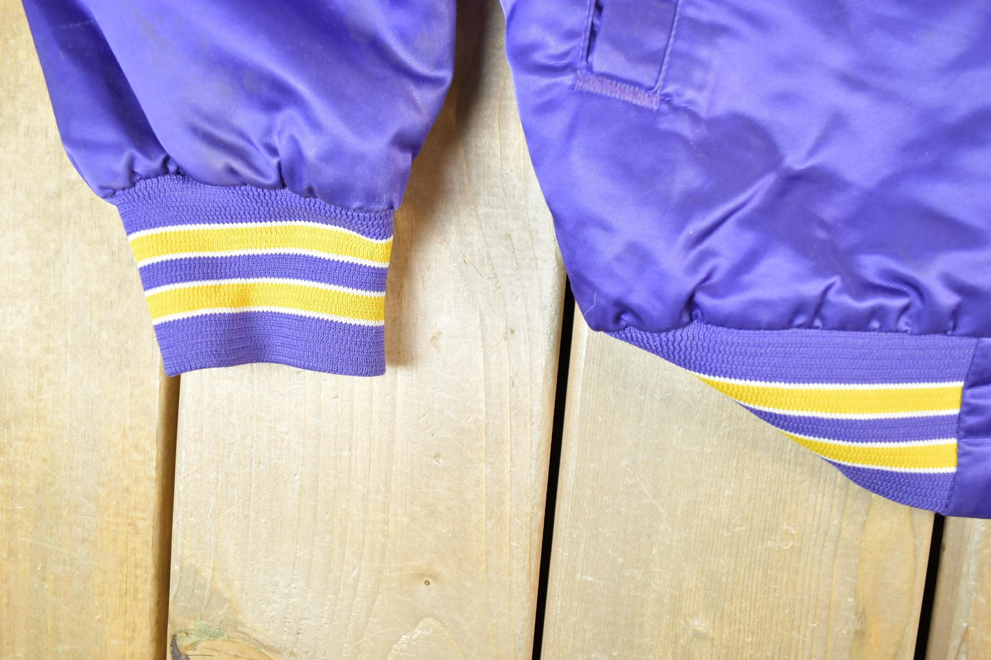Vintage 1980s Minnesota Vikings Team NFL Football Chalk Line Satin Button Up Bomber Embroidered Puffer Jacket from propervintagecanada