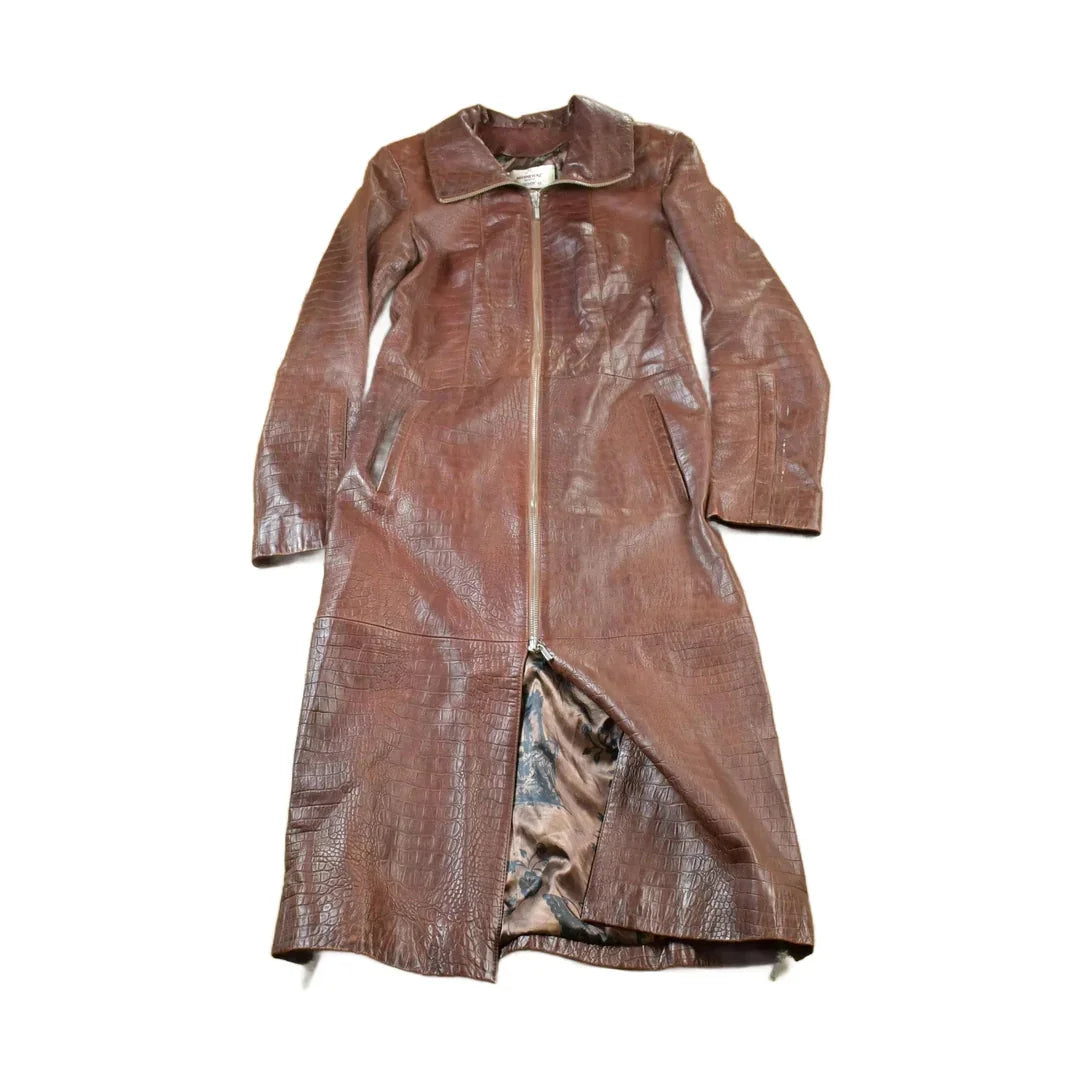 Vintage 1980s Mondial Women's Full Length Alligator Print Leather Trench Coat from propervintagecanada