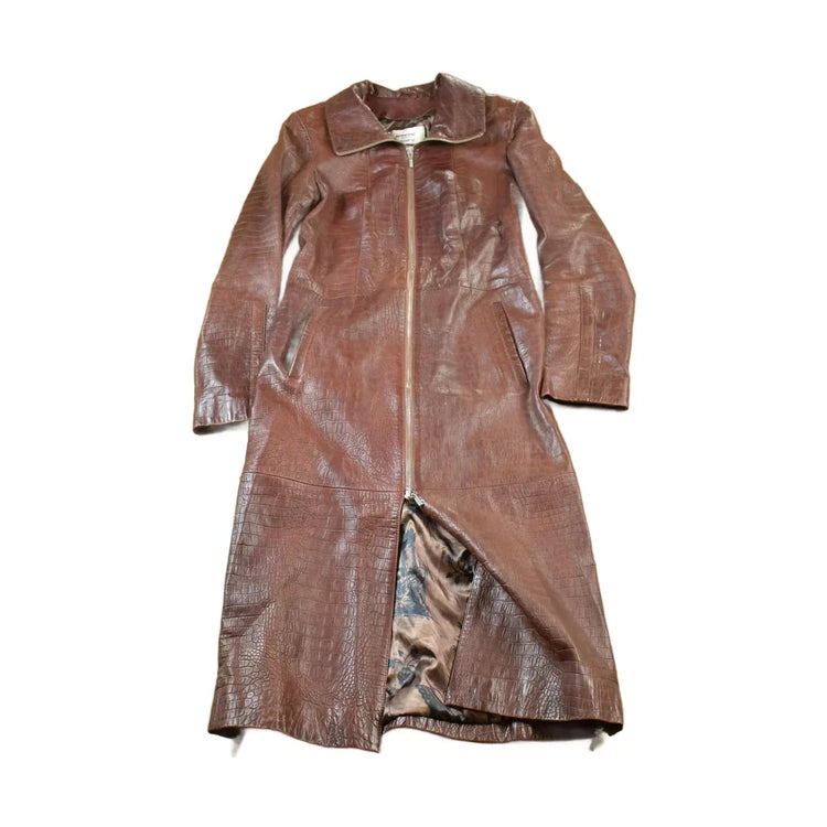 Vintage 1980s Mondial Women's Full Length Alligator Print Leather Trench Coat from propervintagecanada