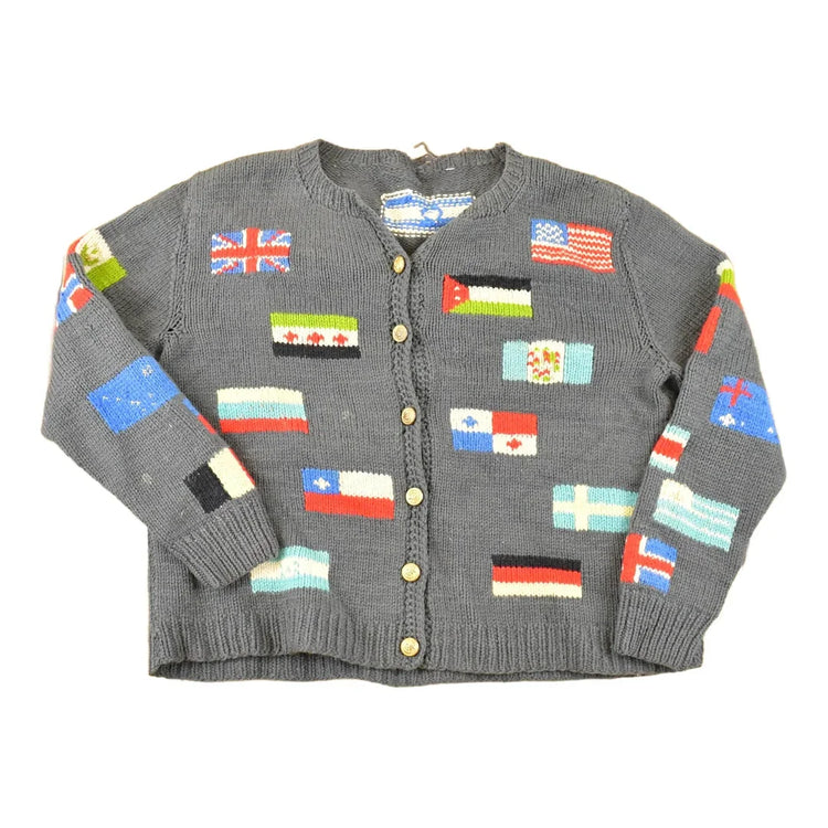 Vintage 1980s Multi Flag Abstract Knit Cardigan Sweater Men's M from propervintagecanada