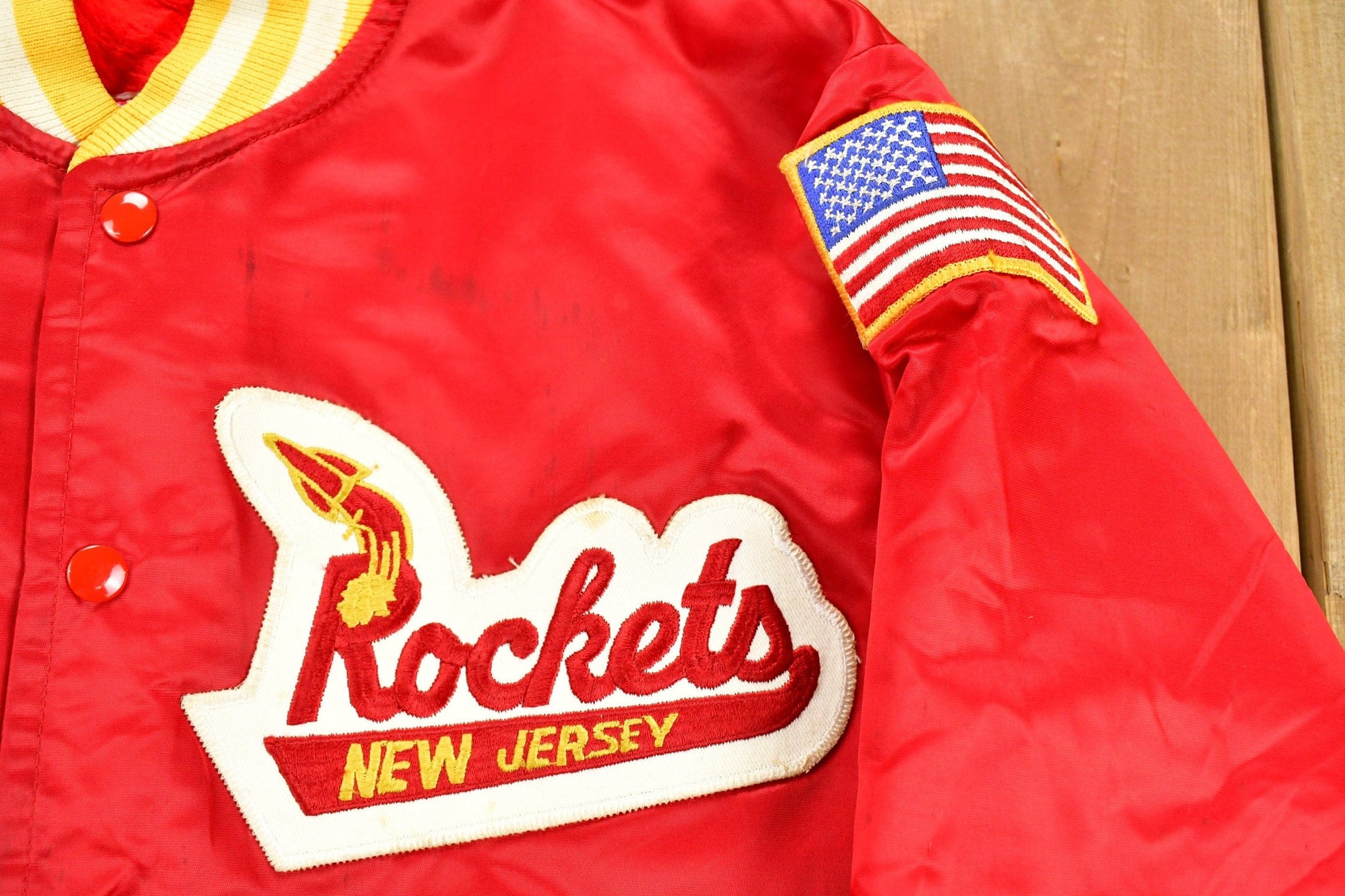 Vintage 1980s New Jersey Rockets Fleece Lined Satin Jacket Men's S from propervintagecanada