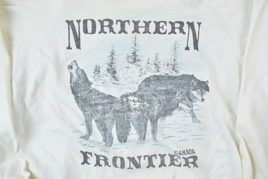 Vintage 1980s Northern Frontier Canada Two Wolves Crewneck Sweatshirt Men's Small from propervintagecanada