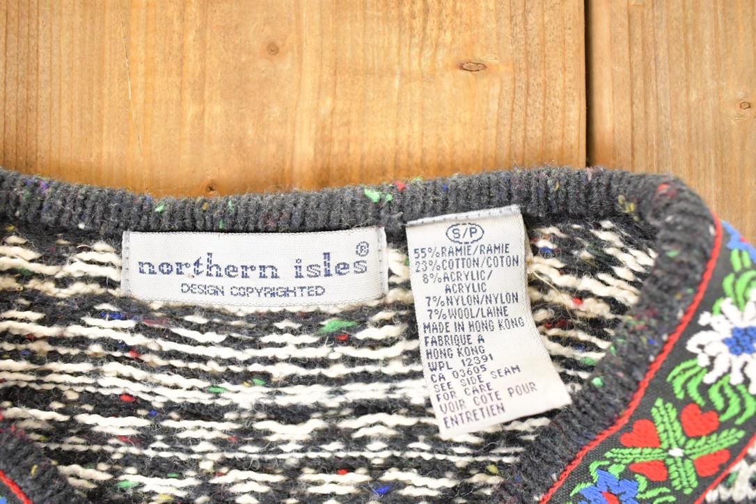 Vintage 1980s Northern Isles Metal Clasp Abstract Knit Cardigan Sweater Women's S from propervintagecanada
