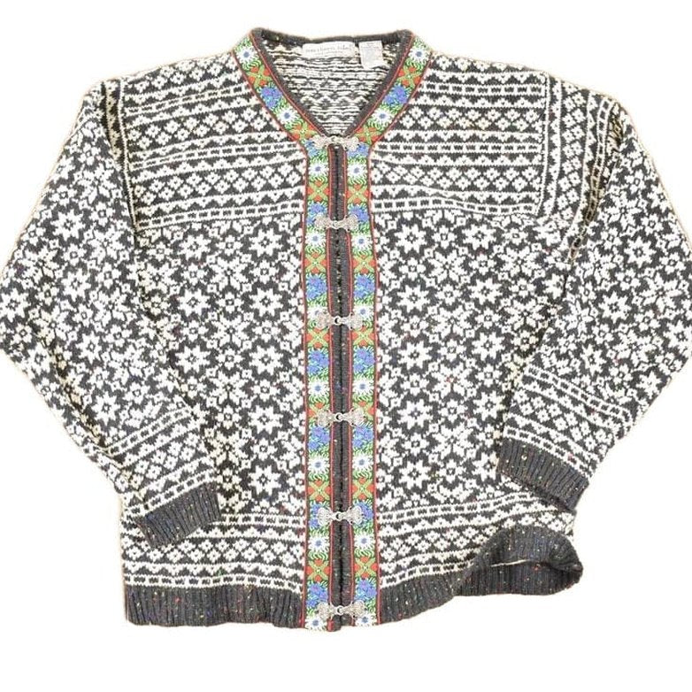 Vintage 1980s Northern Isles Metal Clasp Abstract Knit Cardigan Sweater Women's S from propervintagecanada