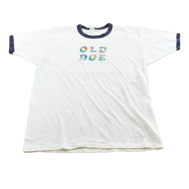 Vintage 1980s Old Doe Rainbow Iron On Print Ringer T-Shirt Men's M from propervintagecanada