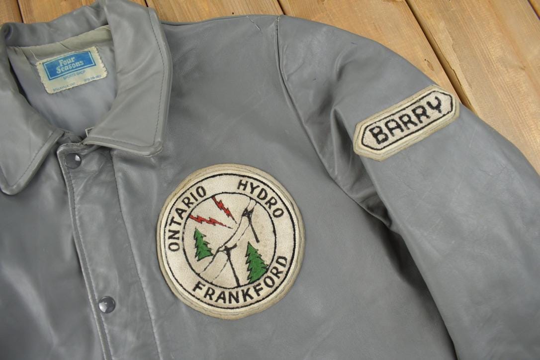 Vintage 1980s Ontario Hydro Frankford Leather Work Jacket Made In Canada Men's Large from propervintagecanada