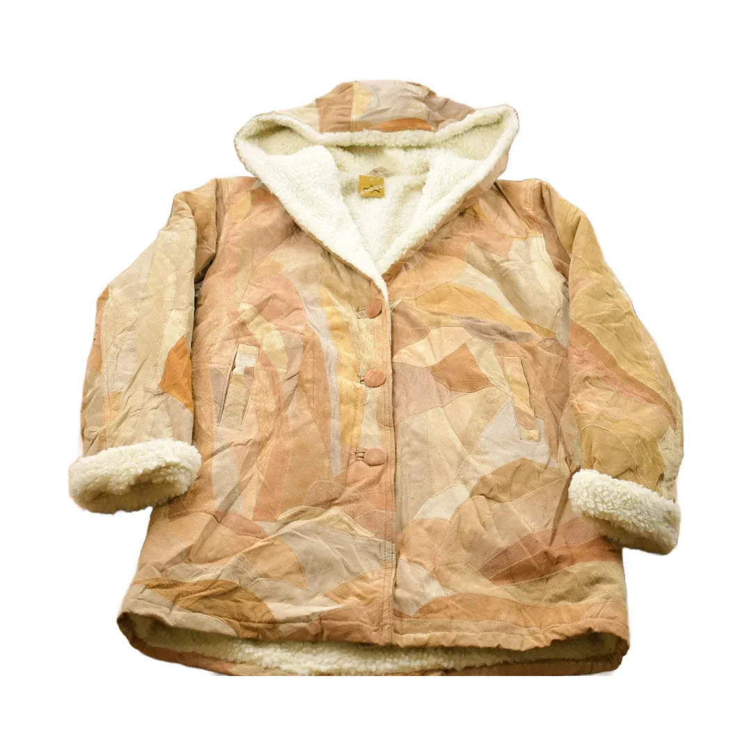 Vintage 1980s Patchwork Shearling Hooded Jacket Men's XL from propervintagecanada