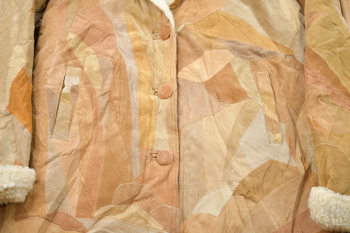Vintage 1980s Patchwork Shearling Hooded Jacket Men's XL from propervintagecanada