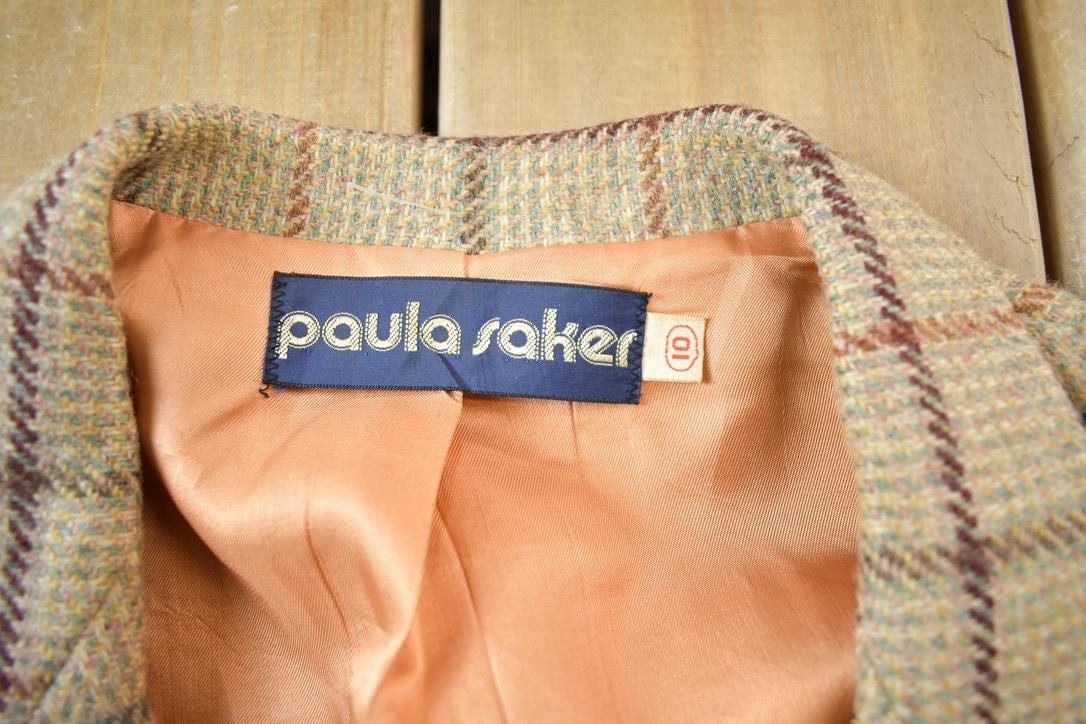 Vintage 1980s Paula Sakes Plaid Wool Silk Lined Blazer Women's M