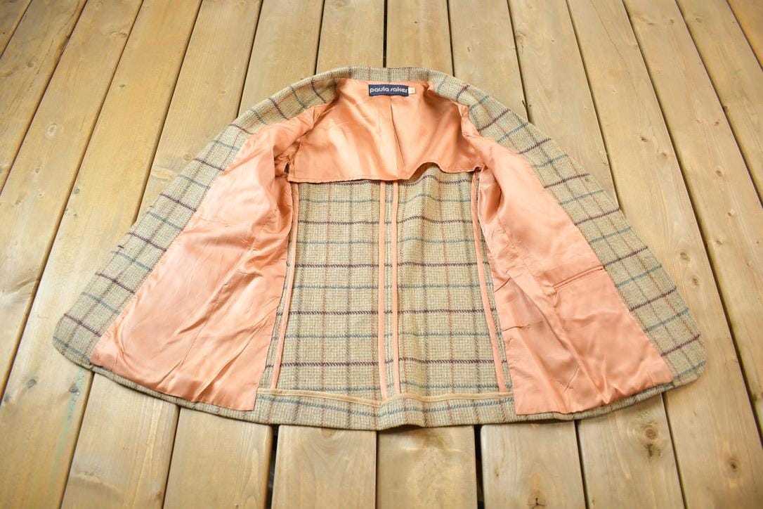 Vintage 1980s Paula Sakes Plaid Wool Silk Lined Blazer Women's M from propervintagecanada