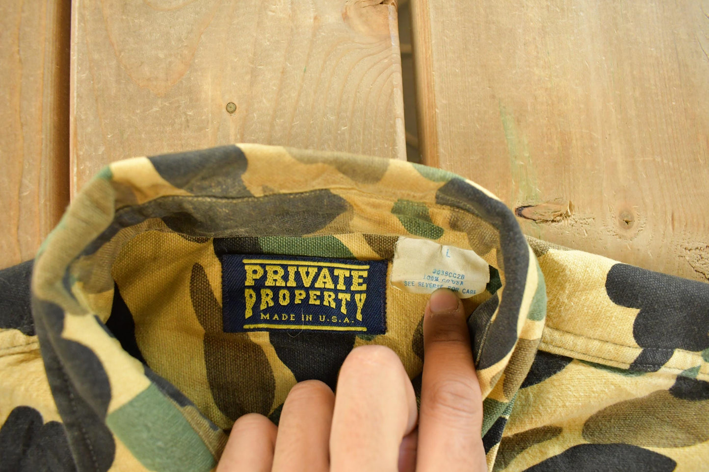 Vintage 1980s Private Property Duck Camo Cloth Button Up Shirt Men's Large from propervintagecanada