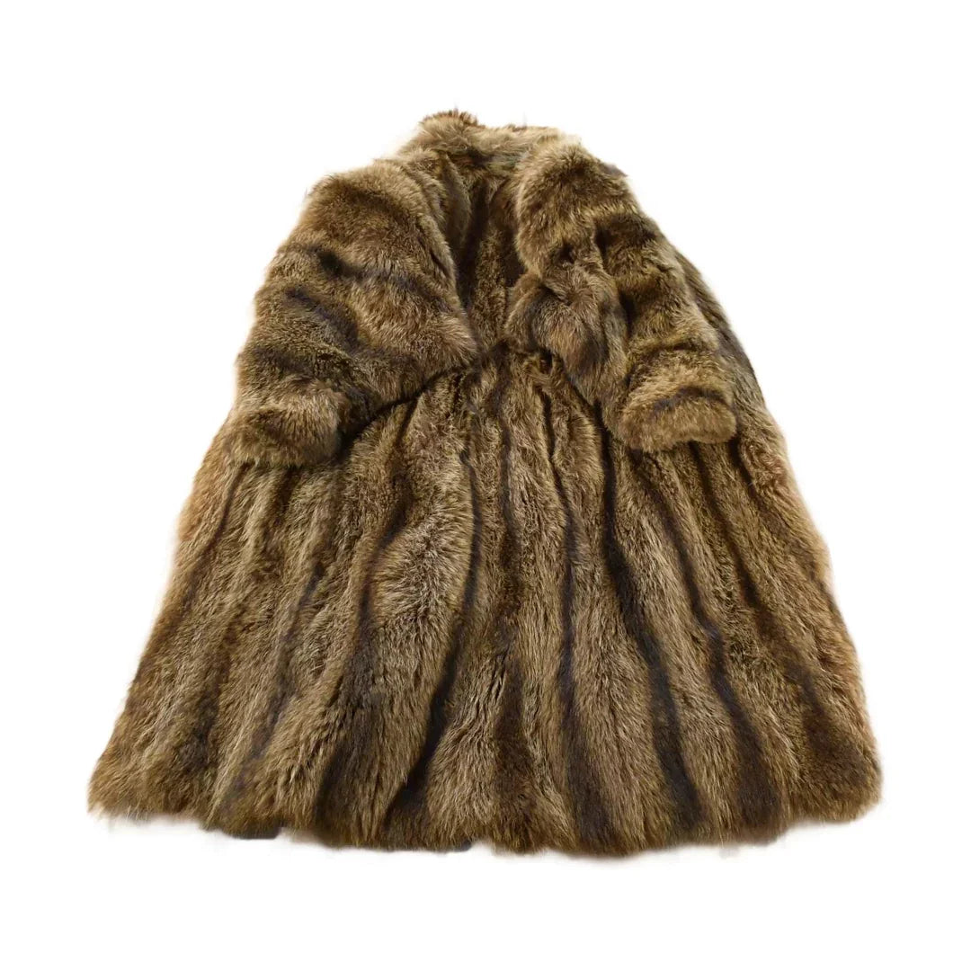 Vintage 1980s Ricky & Ingo Full Length Brown Raccoon Fur Coat Adult M Men's Medium from propervintagecanada