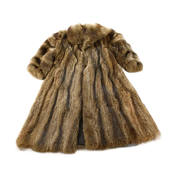 Vintage 1980s Ricky & Ingo Full Length Brown Raccoon Fur Coat Adult M Men's Medium from propervintagecanada