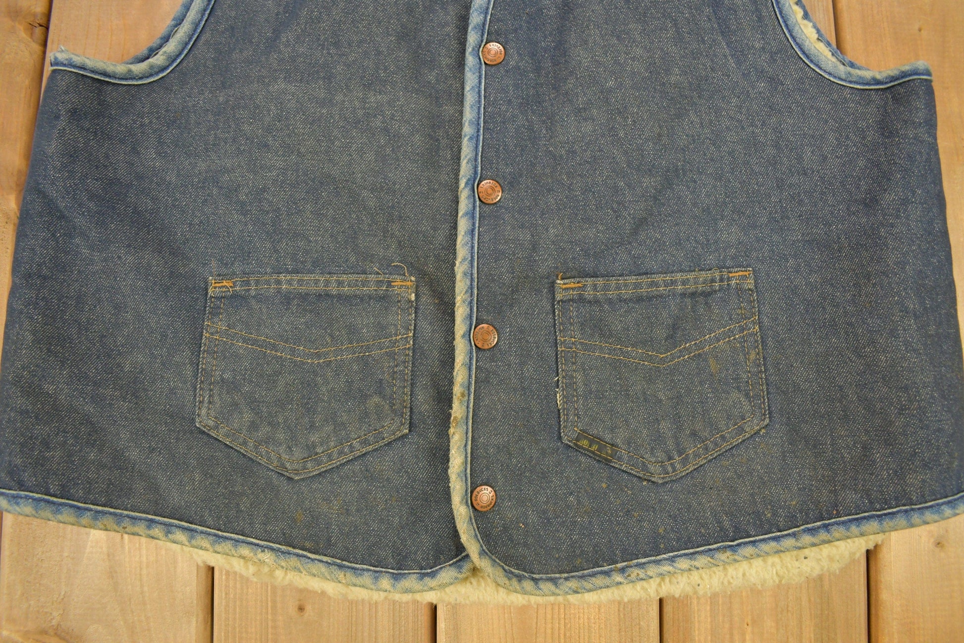 Vintage 1980s Roebucks By Sears Fleece Lined Denim Button Up Vest Men's Large from propervintagecanada