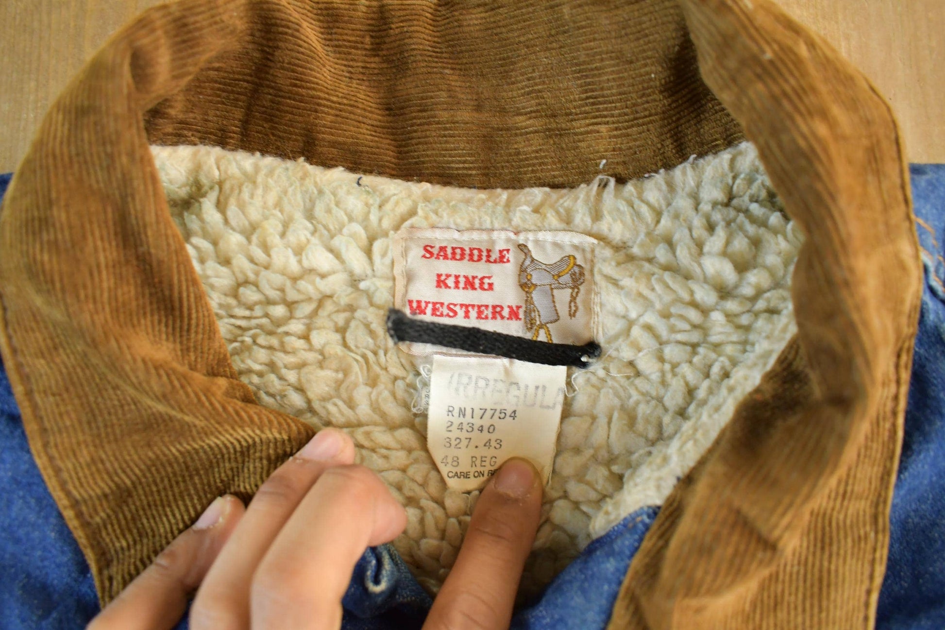 Vintage 1980s Saddle King Western Sherpa Lined Denim Jean Jacket Men's XL from propervintagecanada