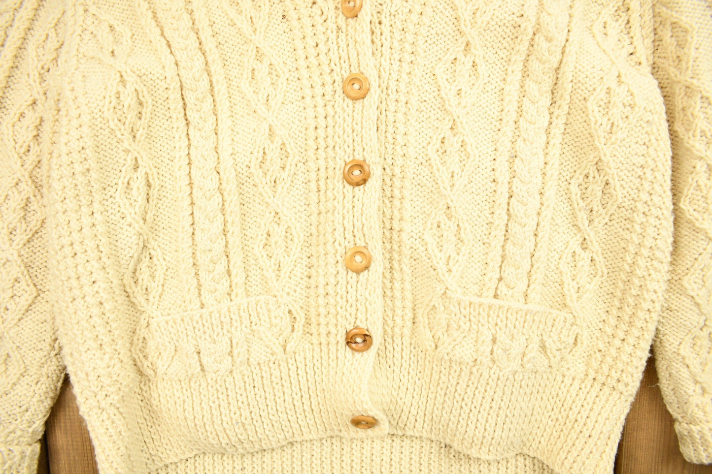 Vintage 1980s Scottish Craft Made 3D Cable Knit Button Up Sweater Men's Large from propervintagecanada