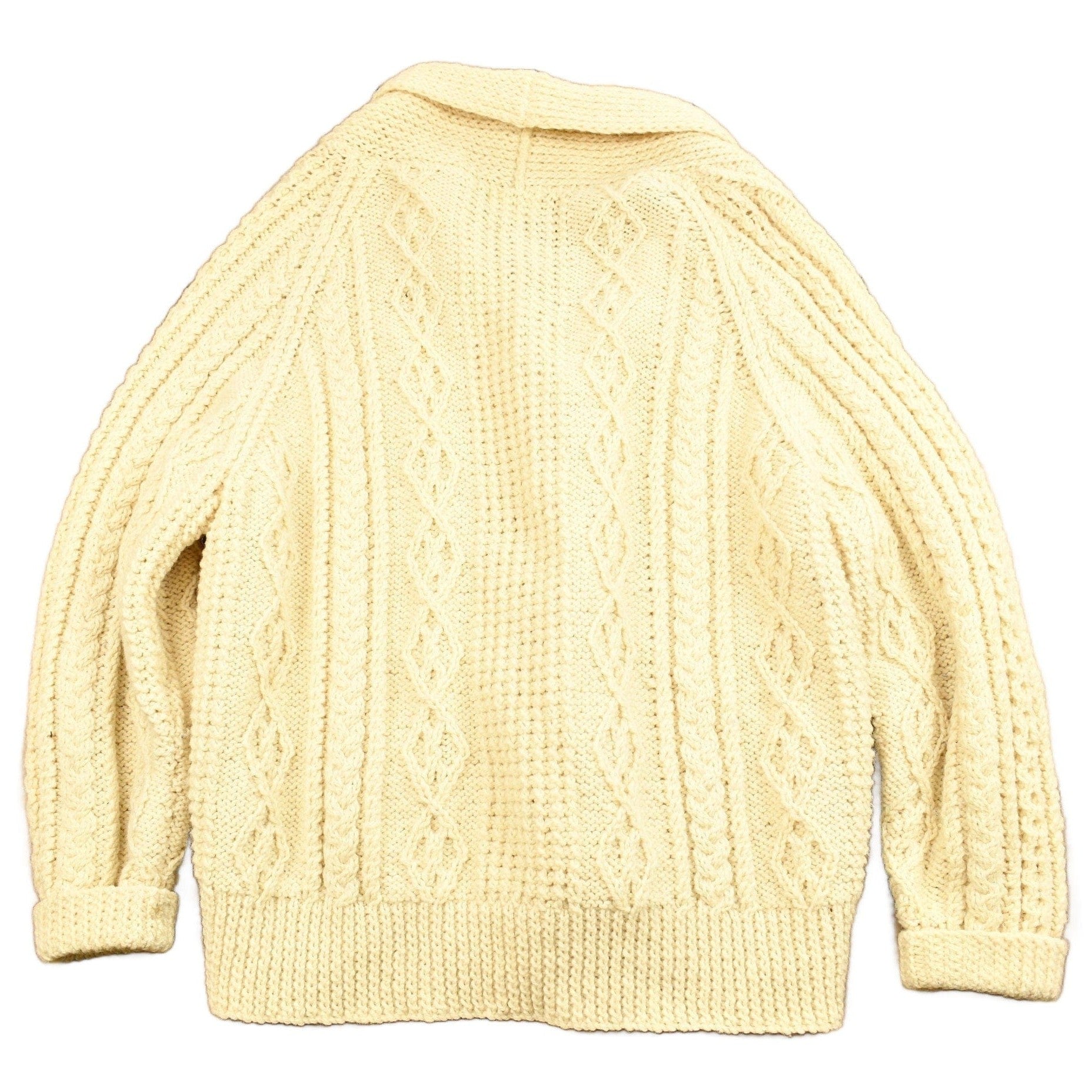 Vintage 1980s Scottish Craft Made 3D Cable Knit Button Up Sweater Men's Large from propervintagecanada