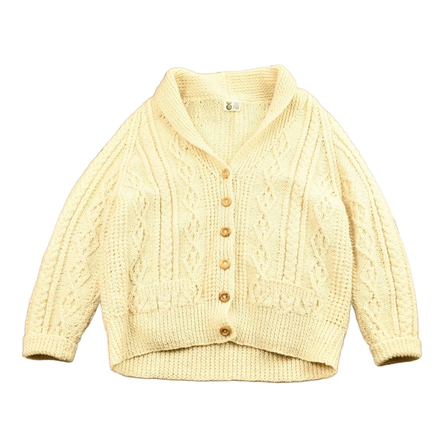 Vintage 1980s Scottish Craft Made 3D Cable Knit Button Up Sweater Men's Large from propervintagecanada