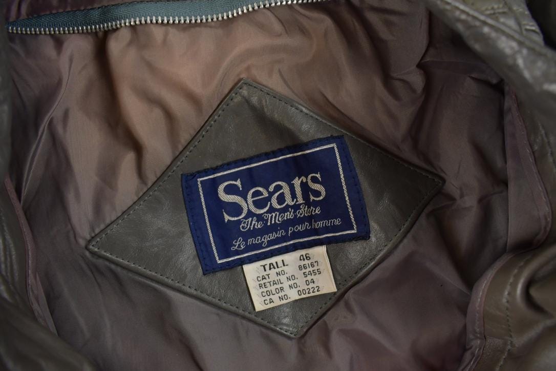 Vintage 1980s Sears Grey Leather Café Racer Jacket Men's XL from propervintagecanada