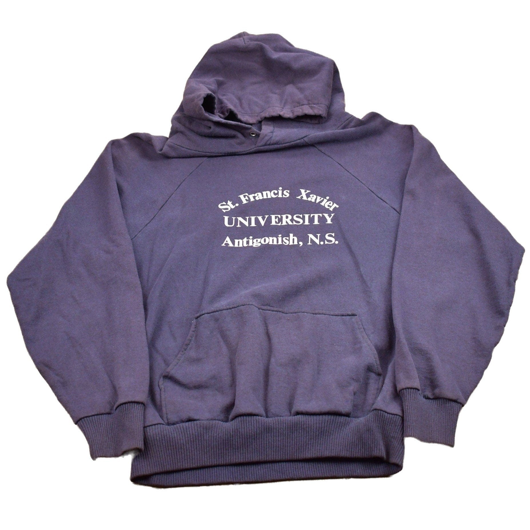 Vintage 1980s St Francis Xavier University Graphic Raglan Hoodie Men's S from propervintagecanada