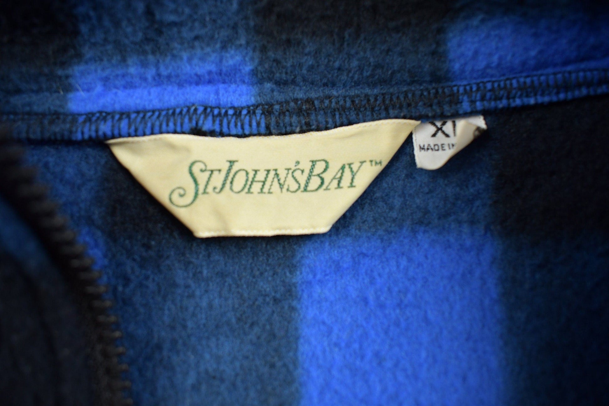 Vintage 1980s St. Johns Bay Blue Buffalo Plaid Fleece Sweater Made In Canada from propervintagecanada