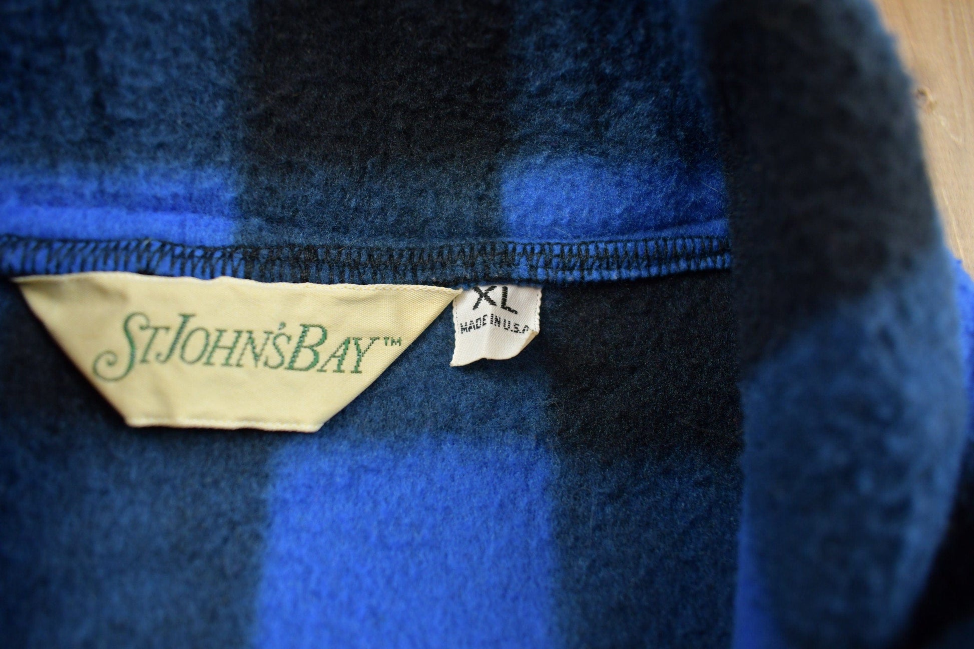 Vintage 1980s St. Johns Bay Blue Buffalo Plaid Fleece Sweater Made In Canada from propervintagecanada