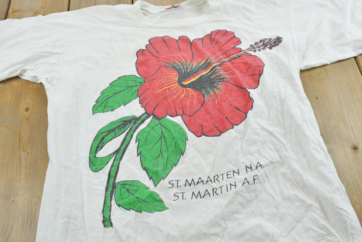Vintage 1980s St Maarten Island Hibiscus Souvenir T-Shirt Men's S from propervintagecanada