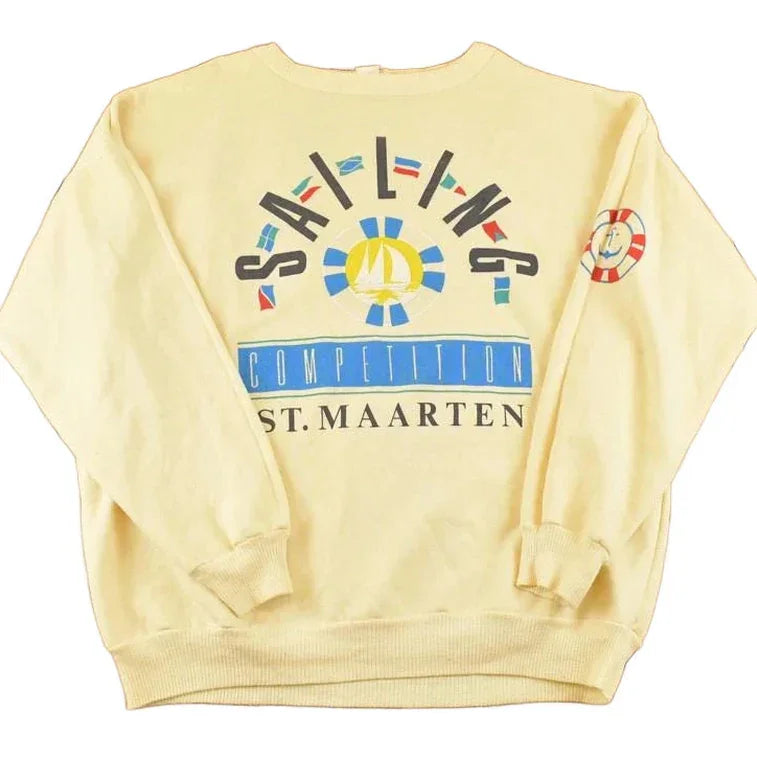 Vintage 1980s ST Maarten Sailing Competition Souvenir Crewneck Sweatshirt Men's L / 80's Tourist Vacation Graphic Sweater from propervintagecanada